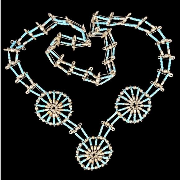 Retro Luxe Handmade Blue Bead Squash Blossom Necklace Boho Statement Piece - Picture 1 of 8